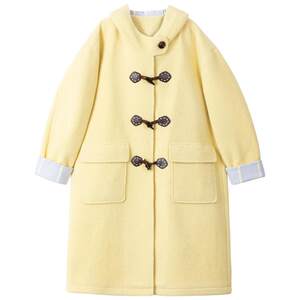 
KEIKO Cream Yellow Horn Button Woolen Coat Women's Early Spring French Prep Style Loose Mid-Length Hooded Jacket