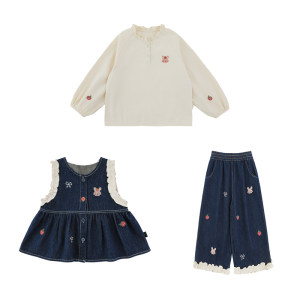 Young girls spring new pure cotton style shirt children's clothing loose children's jeans little girl vest suit