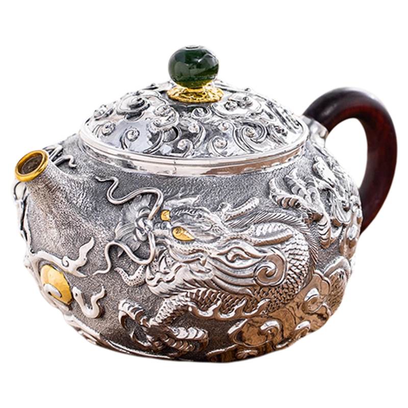 蜂鳥工坊銀壺泡茶壺純銀999碧玉鈕鏨刻雙龍包金嘴小壺