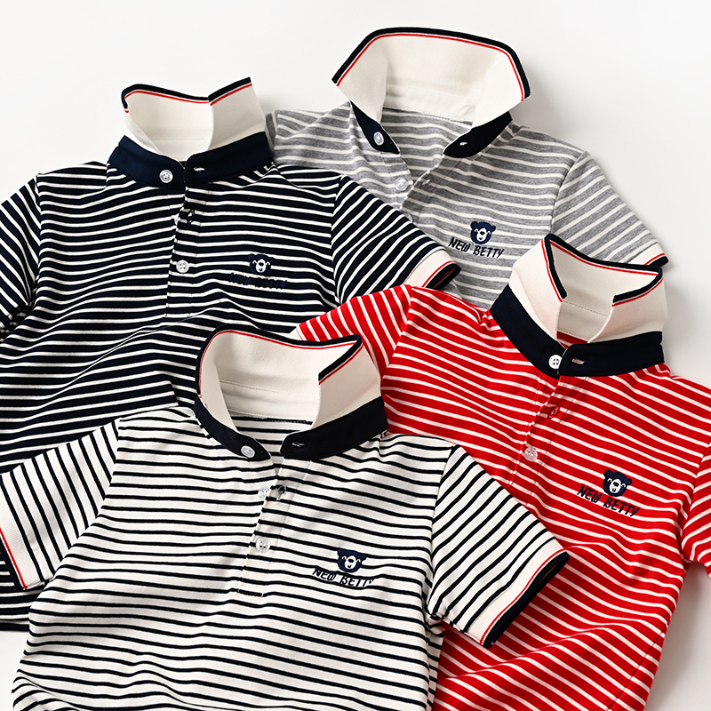 Children's striped POLO shirt boys and girls lapel short -sleeved top T -shirt bottoming shirts in the big boy