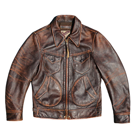 
Mendoza model! Stone-rubbed tea heart first-layer genuine leather leather jacket for men, American retro workwear western jacket