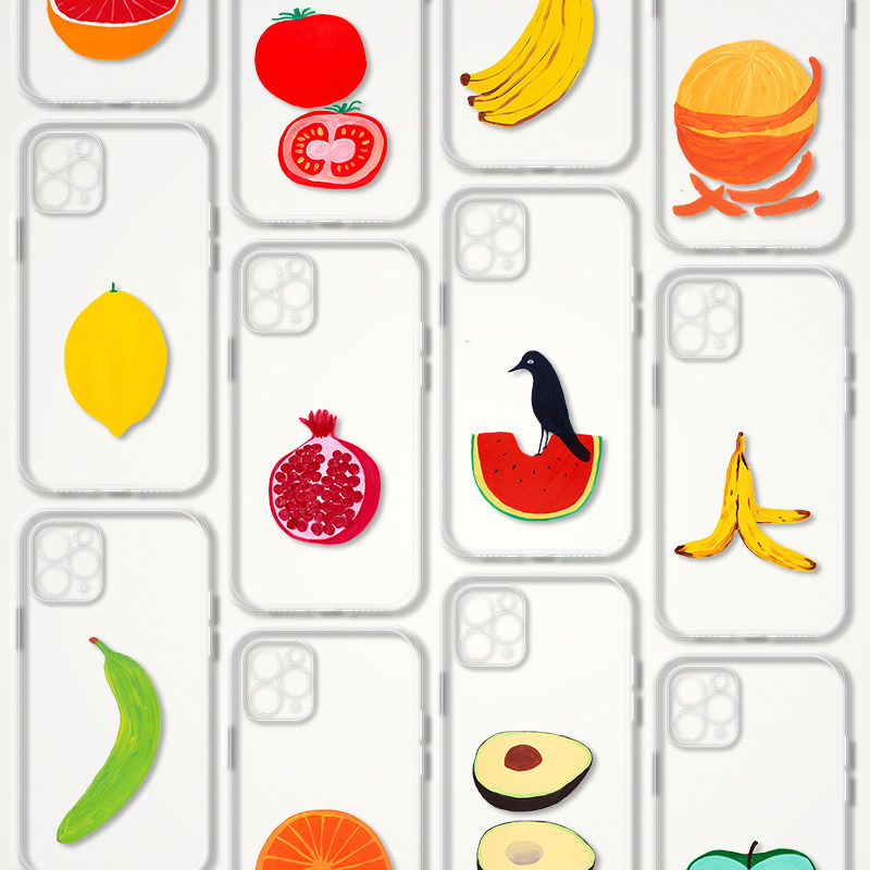 David Shrigley Artistic Minimalist Fruit and Bird Art Clear Phone Case for iPhone 17, 16, 15, 14 and 13