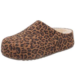 
EBLAN / Yiban thick-soled heightening leopard print Birkenstock half slippers for women's outer wear 2025 autumn and winter new plus velvet Baotou slippers