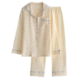 Japanese colored dot pajamas for women in spring, autumn, summer, pure cotton gauze, thin and loose fitting long sleeved cardigan, home clothing set