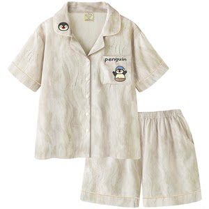 
Pajamas for women 2026 new summer ice silk short-sleeved shorts couple set cute penguin men and women home clothes
