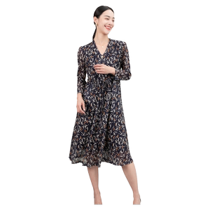Keshan V-neck dress women's 2026 spring new style retro printed long skirt waist slimming skirt fashionable and versatile