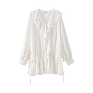 
POPCHRIO French ruffled lace long-sleeved shirt dress V-neck stacked slim skirt