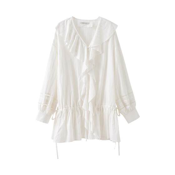 
POPCHRIO French ruffled lace long-sleeved shirt dress V-neck stacked slim skirt