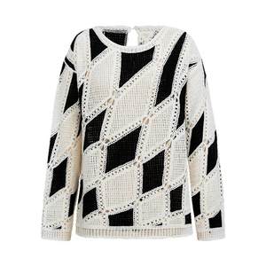 
IAmMIX27 hollow round neck sweater for women thin loose lazy style black and white casual versatile pullover sweater