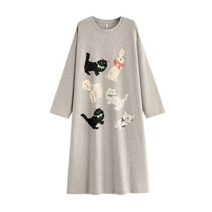 
Yuenei nightgown women's pajamas spring and autumn pure cotton home clothes loose plus size cartoon cat casual can be worn outside