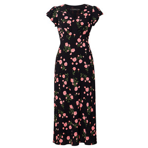 
Luo Yi French printed V-neck small flying sleeve dress women's summer temperament lotus leaf sleeves waist slim mid-length skirt 12143