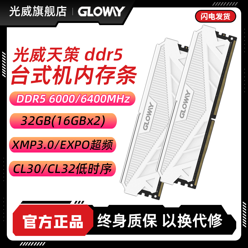 GLOWAY 光威 天策系列 DDR5 6400MHz 台式机内存 马甲条 皓月白 32GB 16GB*2 海力士A-Die CL40