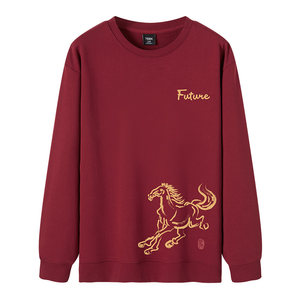 
TEEK burgundy men's sweatshirt plus velvet 2026 new year of the horse animal year red long-sleeved T-shirt New Year's clothing
