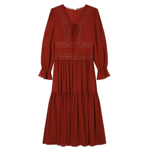 
White Deer Grammar style retro V-neck strap dress spring and autumn new design waist lace red long skirt