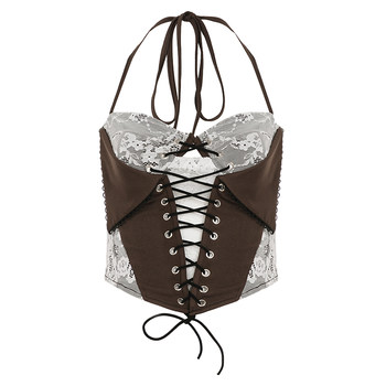 
French retro lace stitching brown halter neck strap for women