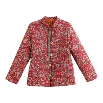 
Chinese style retro cotton and linen printed velvet thickened cotton coat