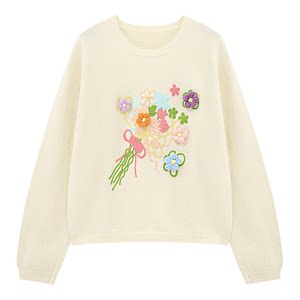 
Basic House/Baijiahao three-dimensional flower embroidery sweater loose sweater round neck pullover sweater top
