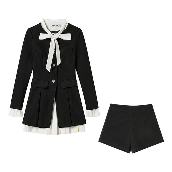 Fabric pig Dongcheng senior sister college style fake two-piece dress for women autumn and winter new black jacket spliced ​​short skirt