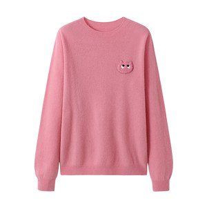 
URLAZH Youlan Autumn New Mousse Pink Cat Patch Embroidered Versatile Round Neck Cashmere Casual Long Sleeve Sweater for Women