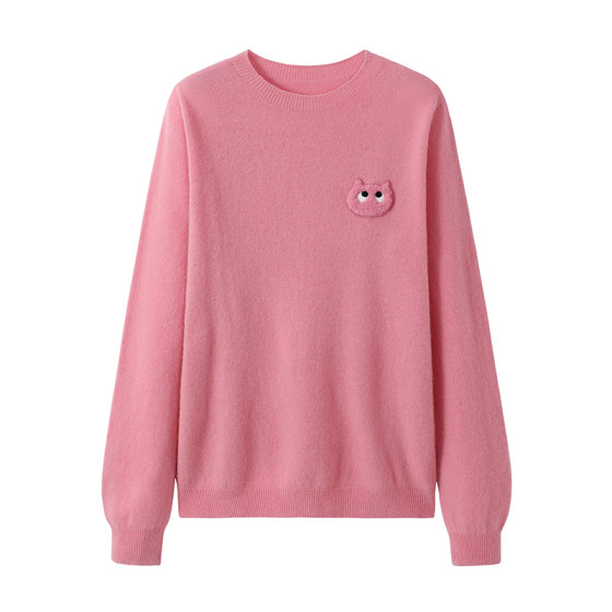 
URLAZH Youlan Autumn New Mousse Pink Cat Patch Embroidered Versatile Round Neck Cashmere Casual Long Sleeve Sweater for Women