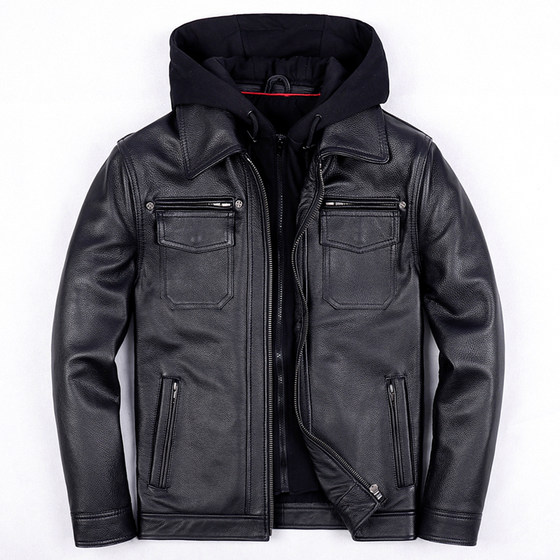 2025 new genuine leather leather jacket with head layer cowhide men's hooded lapel leather jacket in autumn and winter multi-pocket jacket thick
