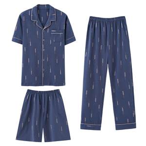 
Fentenkion men's pajamas three-piece set spring and summer pure cotton short-sleeved trousers home clothes can be worn on the outside thin set