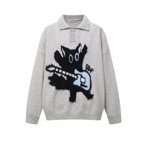 
UNLG American retro cat jacquard polo collar sweater for men in autumn and winter loose casual soft waxy lazy sweater