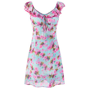 
[Free shipping] French retro ruffled lace-up slim fit A-line dress, seaside vacation floral skirt