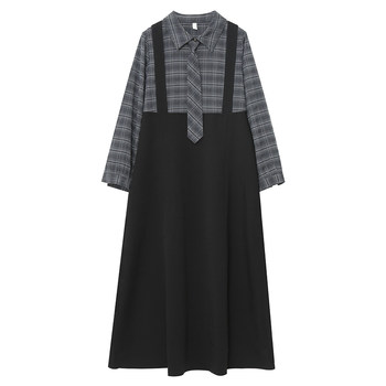 Large size checked tie fake two-piece dress