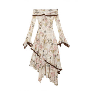 
1P STUDIO Rose Butterfly Print One-Shoulder Irregular Large Skirt Atmosphere Hot Girl Dress Long Dress
