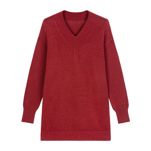 
[Clearance Special] White cherry red V-neck sweater for women loose lazy style mid-length pullover top