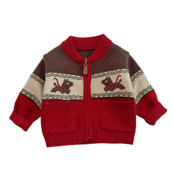 
Baby boy winter velvet knitted cardigan suit boy New Year cute thickened warm sweater baby jeans