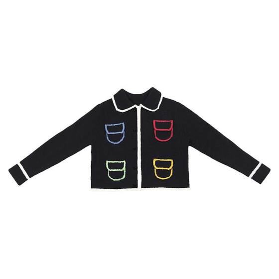 
QSC original design sweater knit loose cardigan jacket innocence doll collar small fragrance color pocket soft glutinous