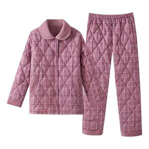 Three Guns Pajamas Three-layer Cotton Thickened Men's Home Clothing Pure Cotton Plus Velvet Women's Cotton Jacket Open-Class Plaid Couple Home Clothing
