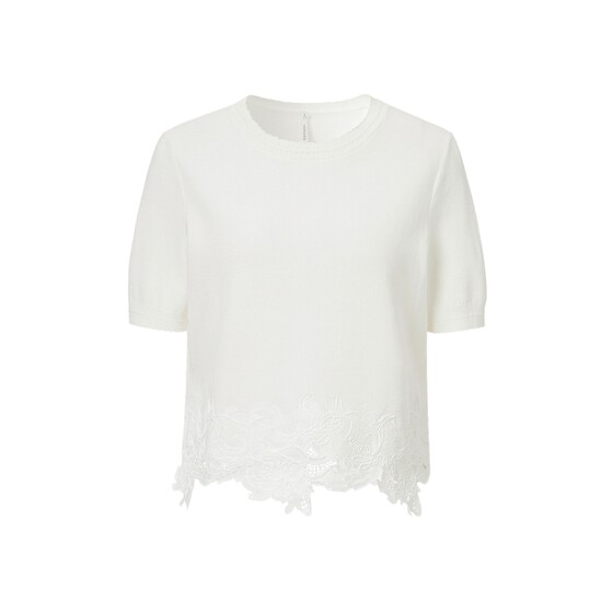 
VGRASS Vigne silk wool sweater summer lace patchwork sweater white short-sleeved gentle style top for women