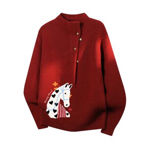 
Charles Peach Heart Horse Year Red Half Turtleneck Sweater for Men and Women Winter Casual 2026 New Couple Sweater Trend