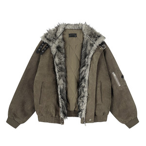 
MRNEARLY American winter thickened stand-up collar buckle fur collar cotton coat men's niche trendy brand bomber jacket