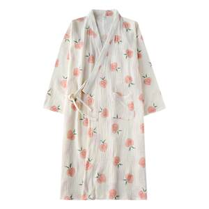 Full cotton peach cloth pajamas and kimono bathrobes female spring, autumn and summer, pure cotton gauze double -layer thin home service pajamas