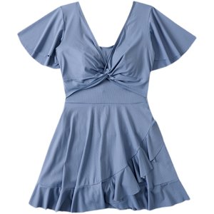 
Women's swimsuit one-piece skirt-style large and small chest steel support gathered conservative slimming belly-covering short-sleeved solid color hot spring swimsuit