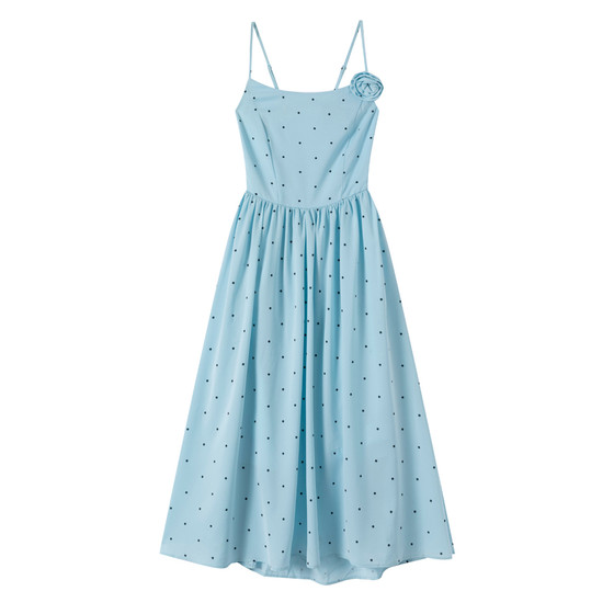 
Sanya seaside resort style long dress blue polka dot suspender dress women's backless waist slimming photo beach dress