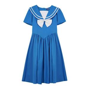 Original by Nanjun: Retro Showa Girls Retro Blue JK Style High Waist Short Sleeve Bubble Sleeve Academy Style Dress