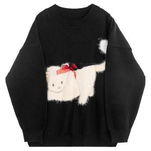 
KEIKO cute cat jacquard black slim sweater for women in autumn and winter lazy style soft glutinous loose round neck pullover knitted sweater