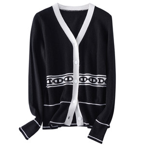 Spring and Autumn Winter European and American Fashion New Women's V-neck Black Medium length Embroidered Knitted Cashmere Cardigan Coat Sweater