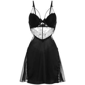 Pure desire pajamas female summer super hot black silk sexy camisole nightdress ice silk lace lace ribbon chest cushion home clothing suit
