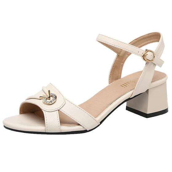 
2026 New Summer Fashion Women's Shoes Genuine Leather Thick Heel Medium Heel Sandals Women's Summer Versatile Soft Sole Fashion Mom Shoes