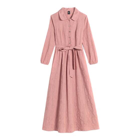 
2025 spring new style retro literary cotton jacquard solid color dress women's slim fit breathable long-sleeved long skirt