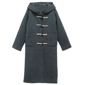 
Huanghuangjia Academy style ox horn button hooded coat 2025 winter new textured cotton mid-length wool jacket for women