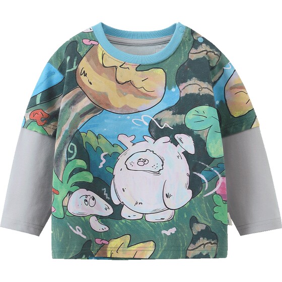 
[10A Antibacterial] Qiqi Bear Baby T-shirt Long Sleeve Boys Fake Two Pieces 2026 New Children's Tops T-shirt Spring Clothes