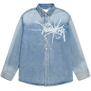 
GUUKA trendy brand light blue American high street denim shirt men's autumn retro old shirt embroidered jacket loose