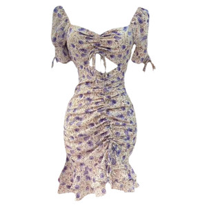 
Tutu's famous floral high-waist drawstring Korean version puff short-sleeved dress with waist slimming 2024